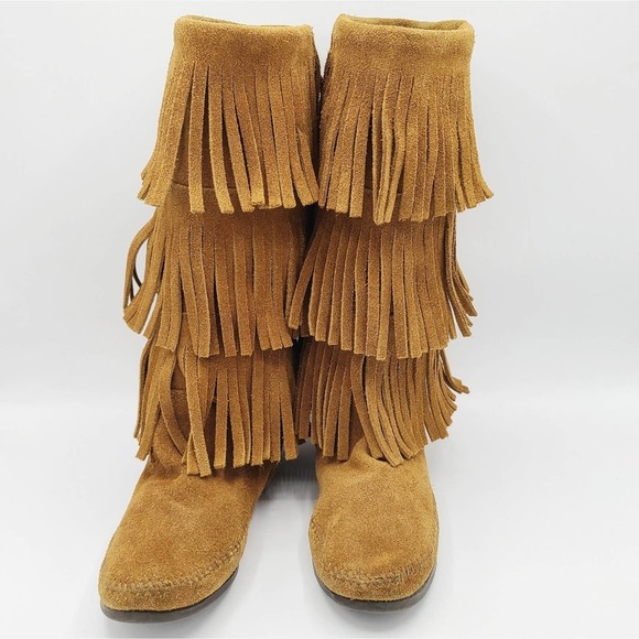 Minnetonka 3 Layer Fringe Boot Brown Suede - Picture 3 of 12